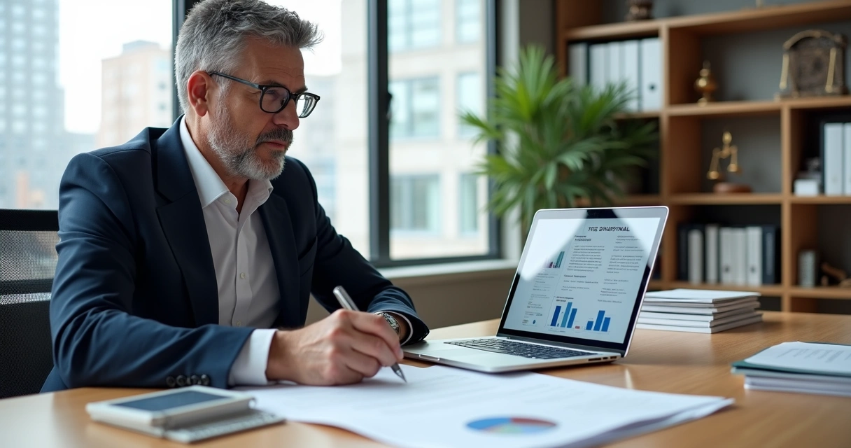 Perito judicial analisando documentos e laudo em computador em escritório moderno 