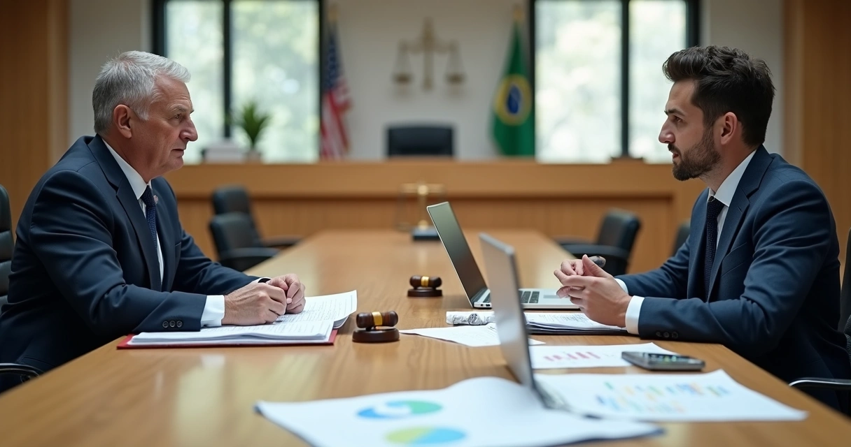 Perito judicial e assistente técnico em lados opostos de uma mesa de audiência 