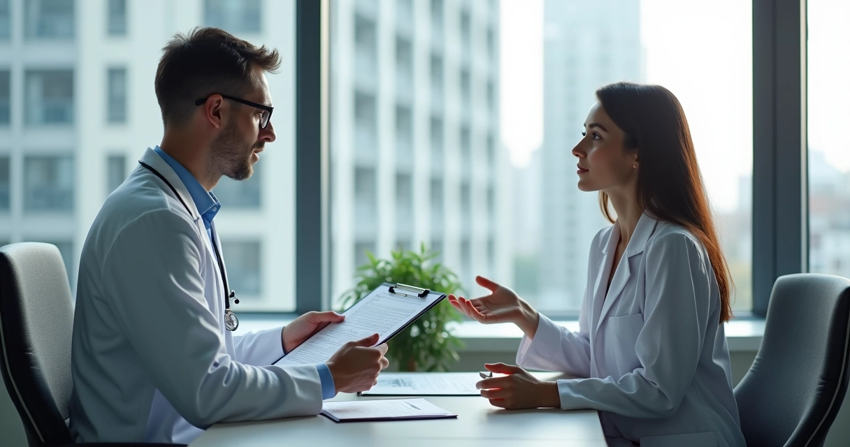 Médico perito do INSS analisando um paciente com documentos 