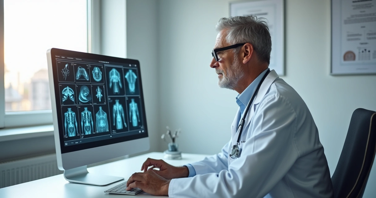 Perito médico sentado em frente ao computador analisando documentos na tela 