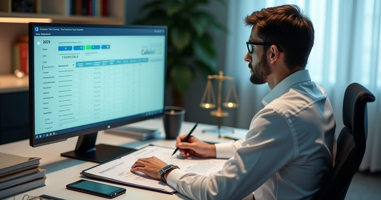 Perito analisando documentos digitais em tela com sistema de peticionamento eletrônico do tribunal 