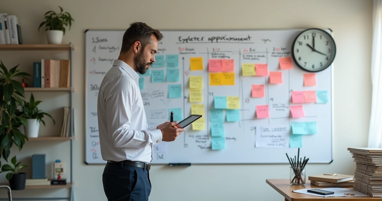 Perito organizando múltiplos prazos em quadro branco com post-its coloridos 
