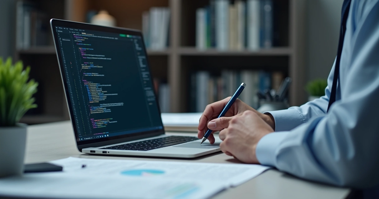 Profissional de perícia analisando código em notebook com laudo técnico ao lado 
