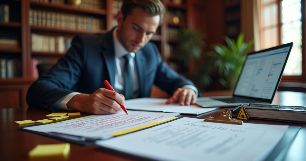 Perito judicial revisando laudo técnico diante de processo com anotações de erro 