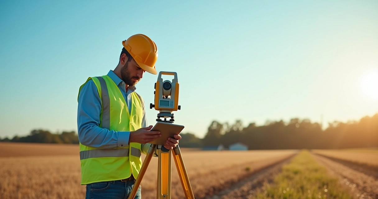 Engenheiro realizando levantamento topográfico em campo aberto com equipamentos eletrônicos 