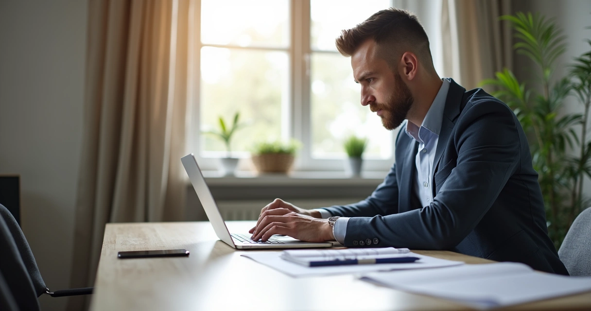 Perito judicial trabalhando remotamente com notebook 