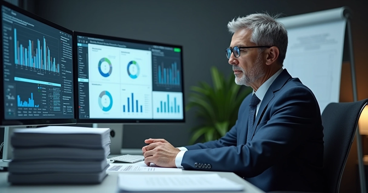 Homem analisando processos em tela de computador, gráficos e planilhas abertas ao redor 