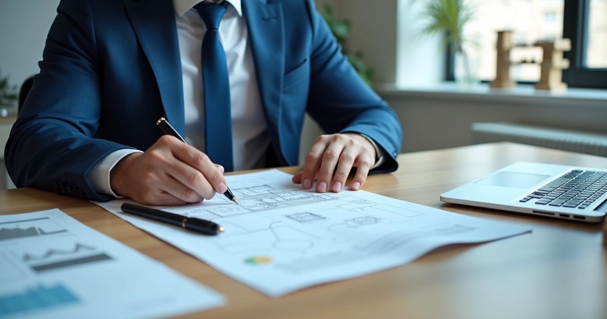 Engenheiro analisando laudo técnico na mesa 