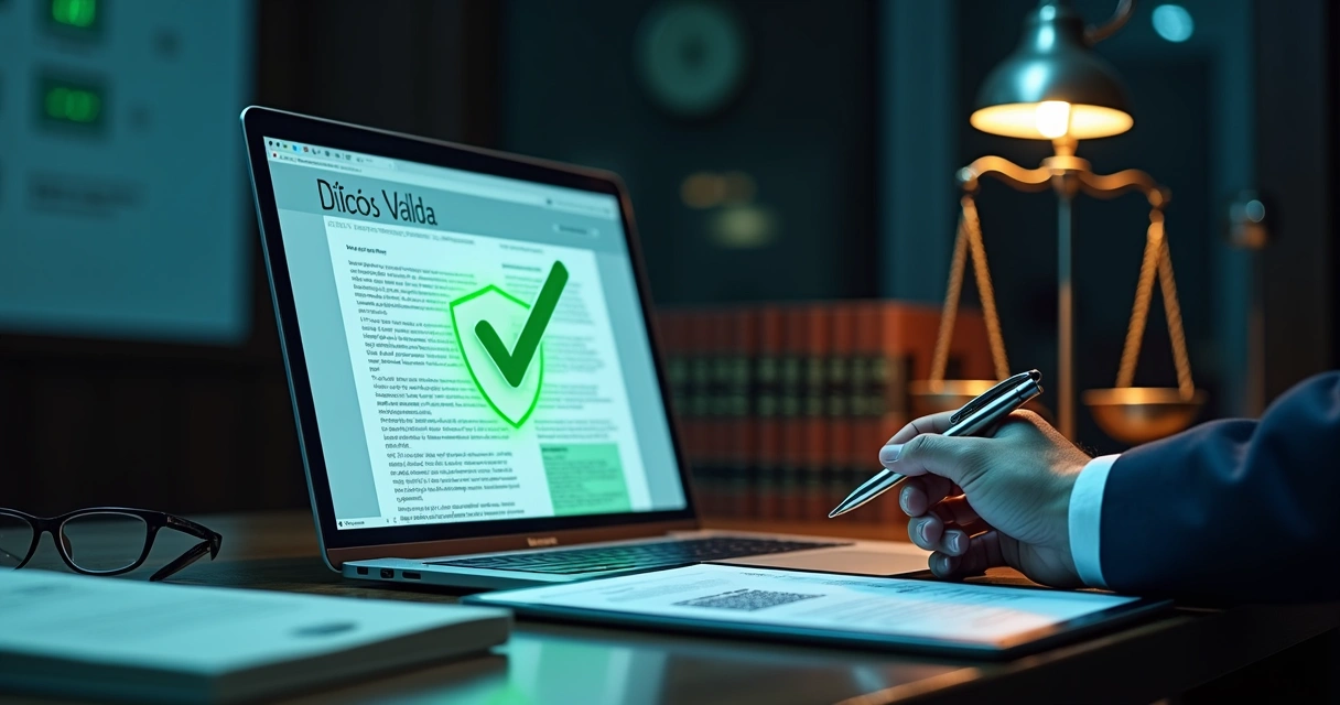 Perito analisando documento digital em tela com símbolo de validação jurídica 