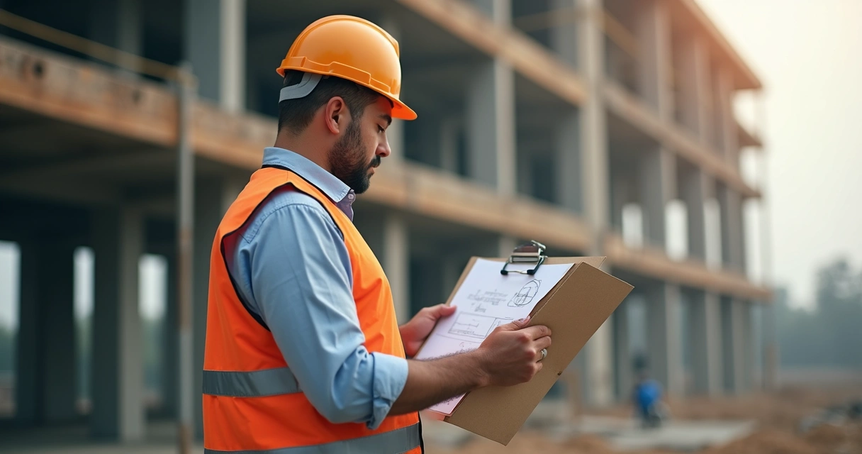 Engenheiro vistoriando uma obra com prancheta e capacete 