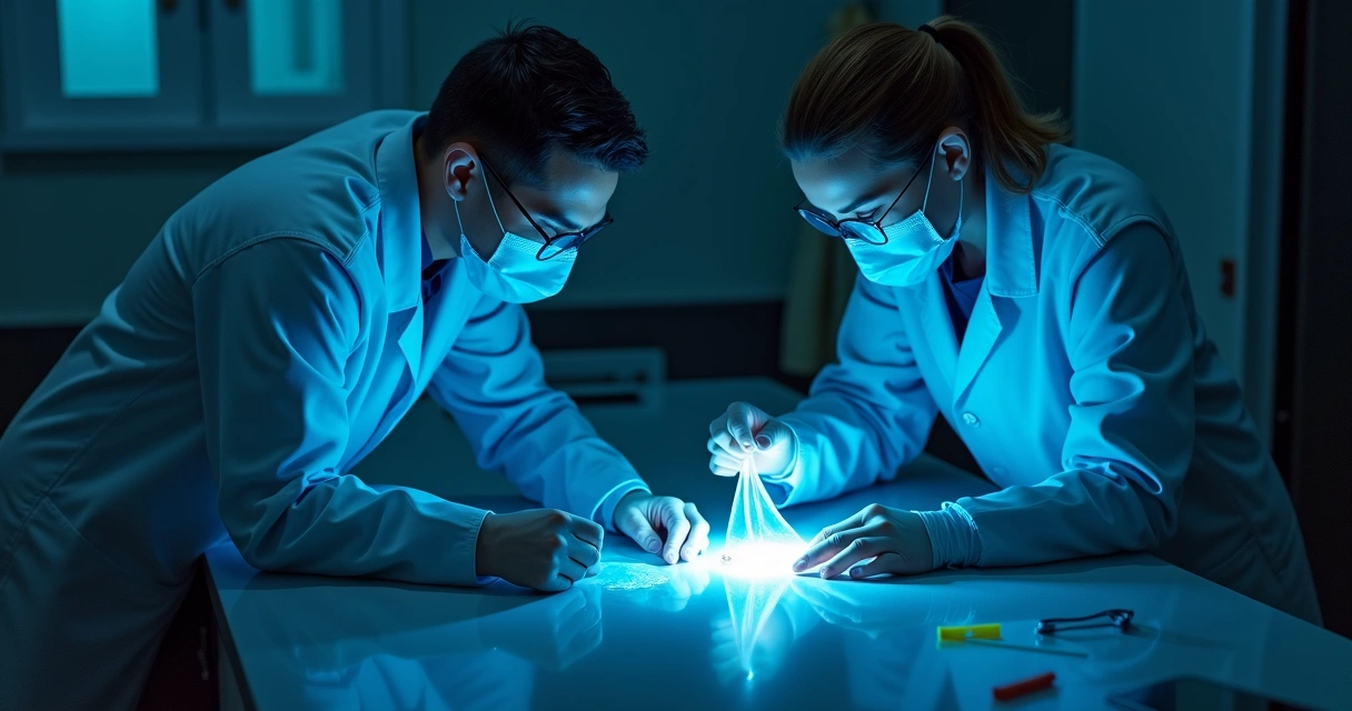 Peritos realizando análise minuciosa em local de crime, usando equipamentos técnicos e luz azul 