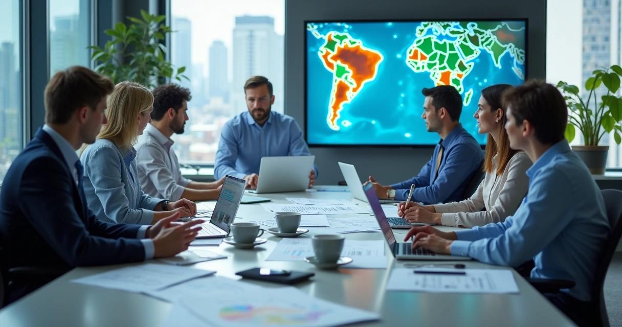 Equipe de peritos reunida em sala de reuniões 