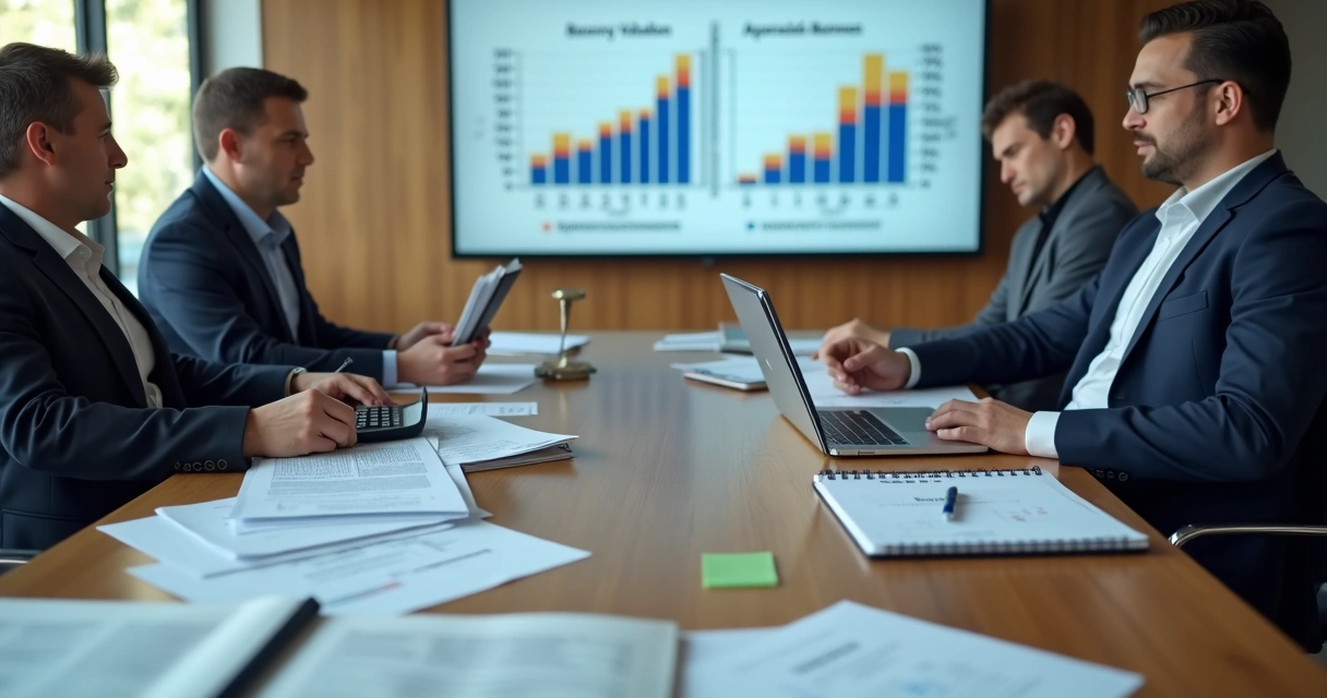Profissionais analisando documentos de dissolução societária em mesa de reunião 