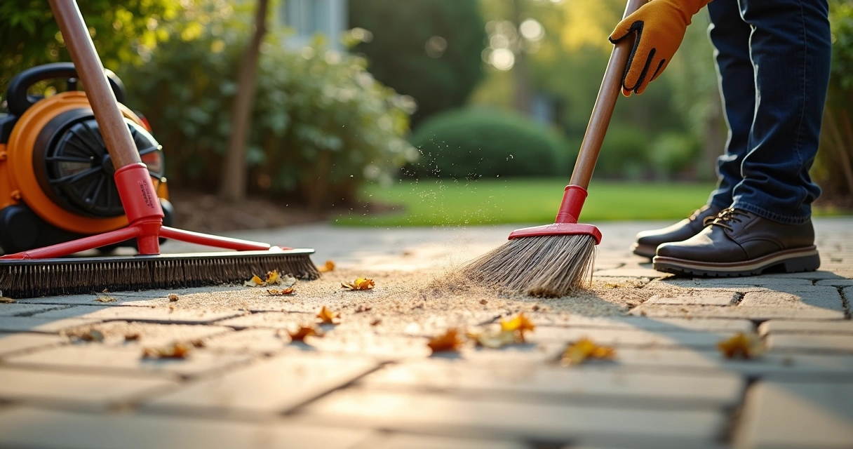 Patio with permeable pavers being swept, maintenance tools and scattered leaves.