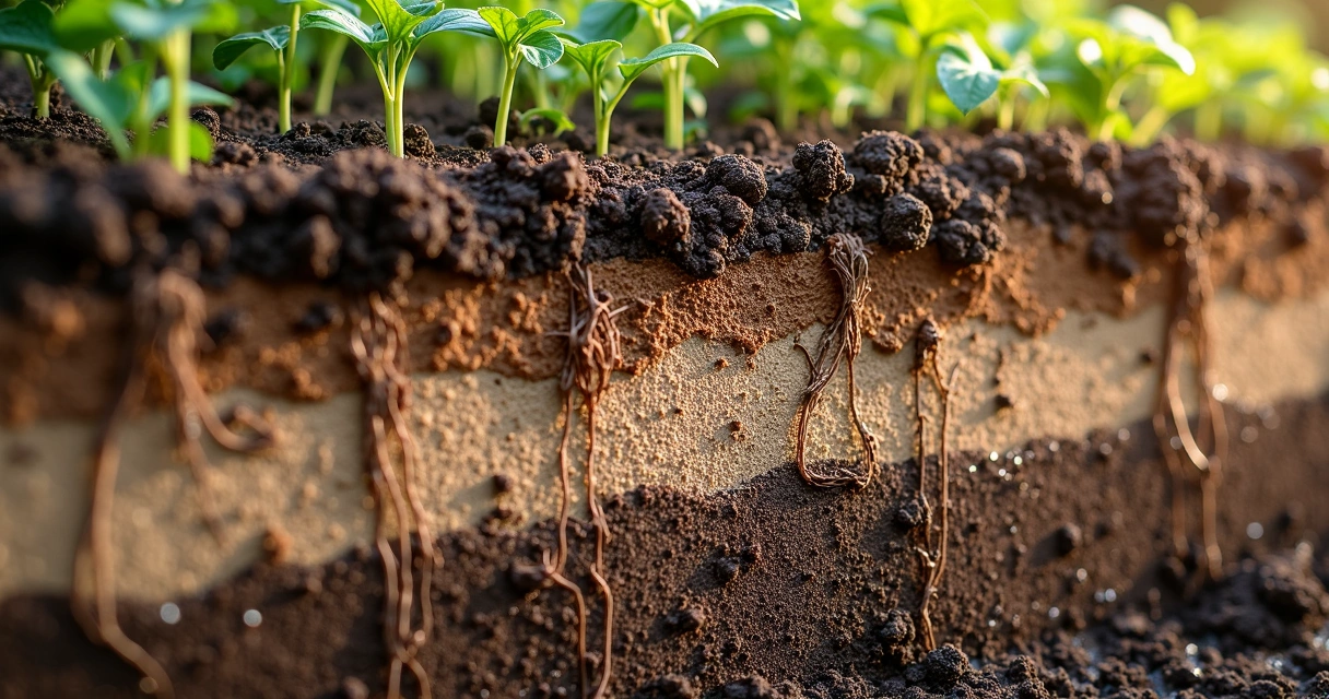 Close-up of soil layers with dark compost and coarse gravel for drainage 