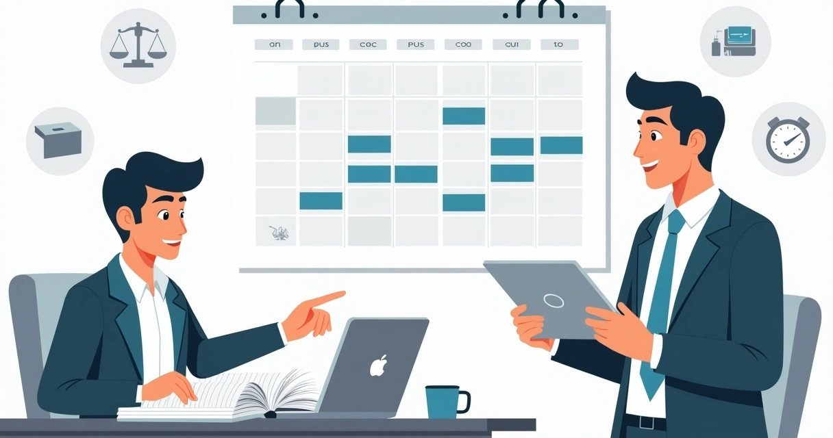 Empleado paraguayo acordando permiso de estudio con su jefa frente a calendario y libro abierto 