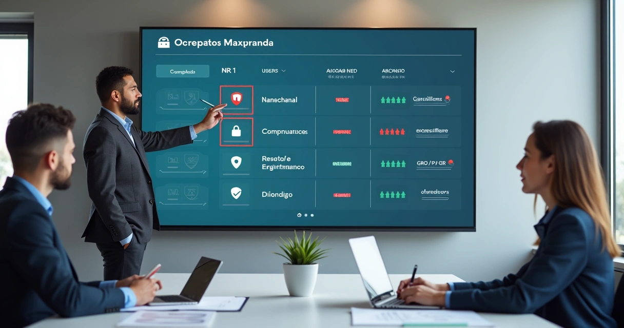 Gestor de segurança revisando permissões de acesso à NR-1 em painel digital 