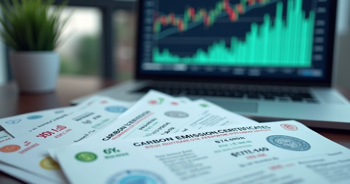 Diversos certificados de permissões de carbono sobre uma mesa com gráficos de preço ao fundo 