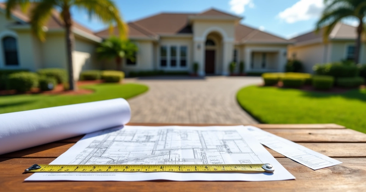 Construction blueprints and permits on table with front yard view 