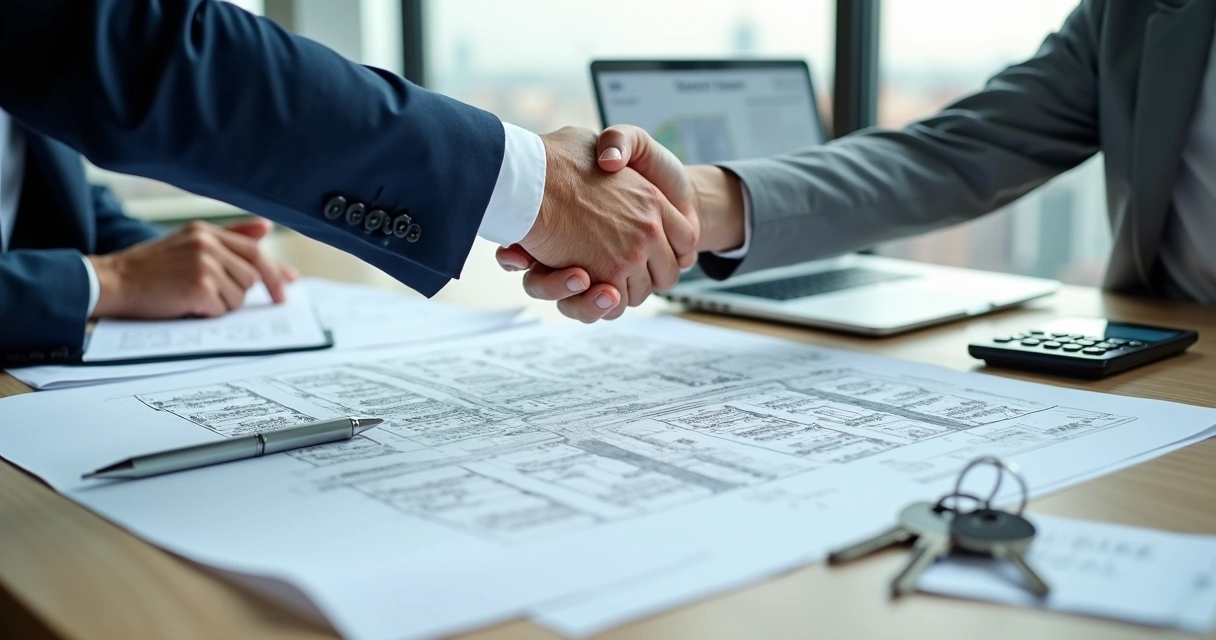 Advogado e incorporador apertando as mãos sobre planta de empreendimento imobiliário 