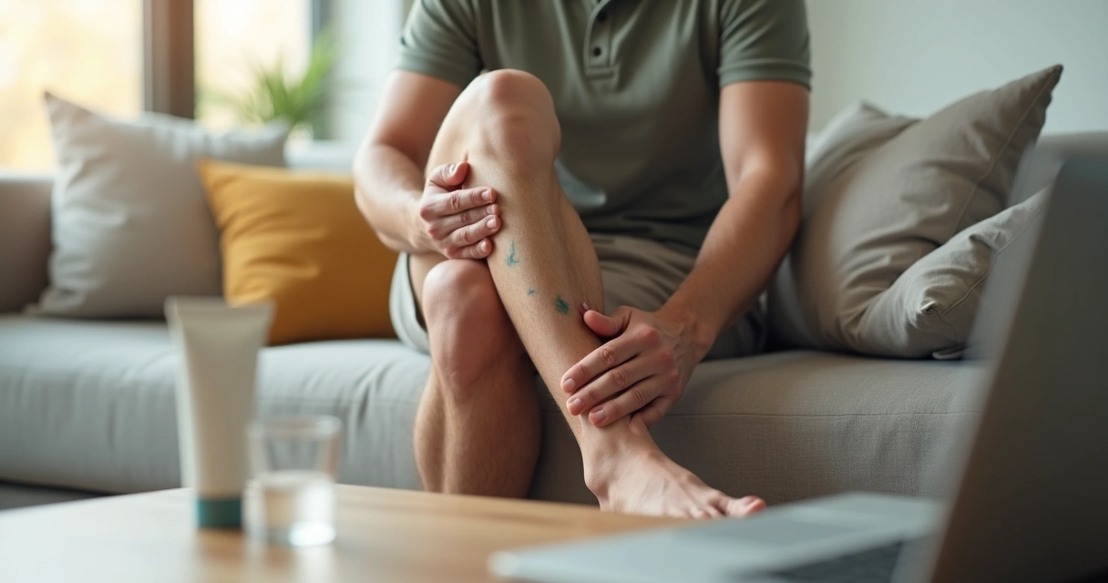 Pessoa sentada no sofá coçando discretamente a perna com pequenas veias aparentes 