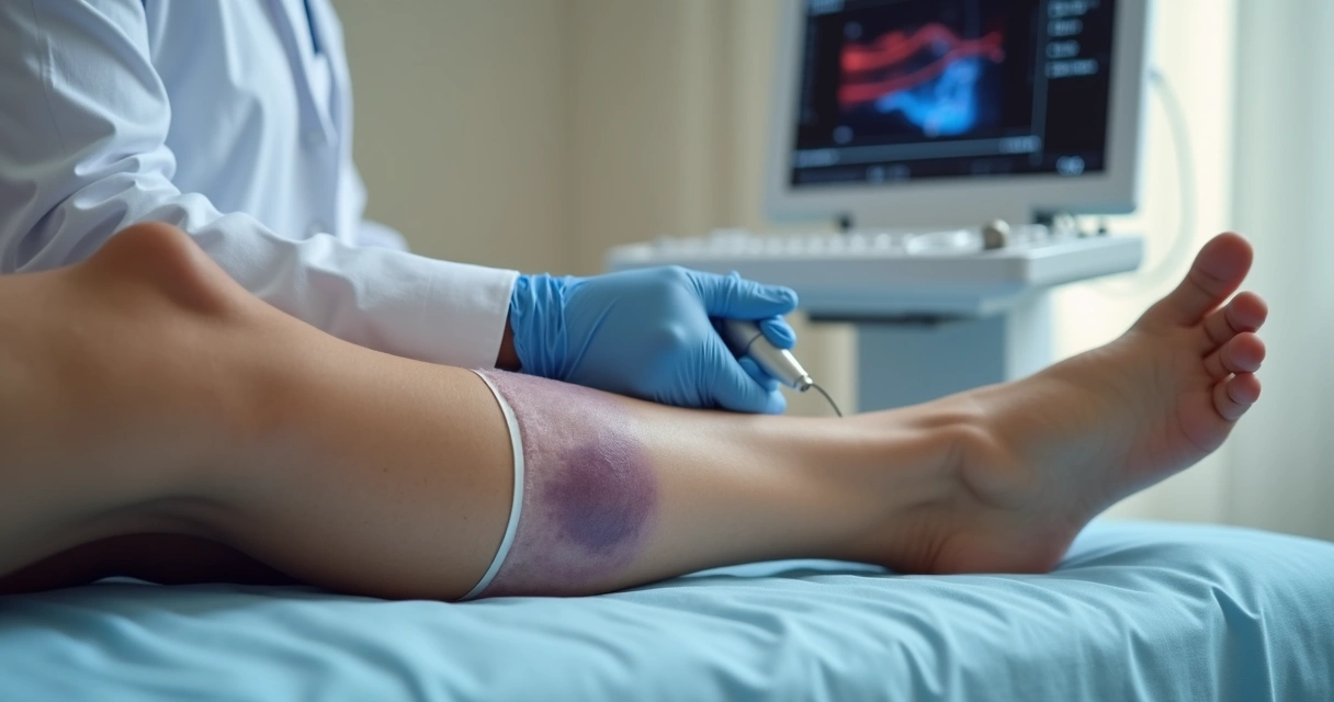 Perna com hematoma em atendimento vascular mostrando veia quebrada 
