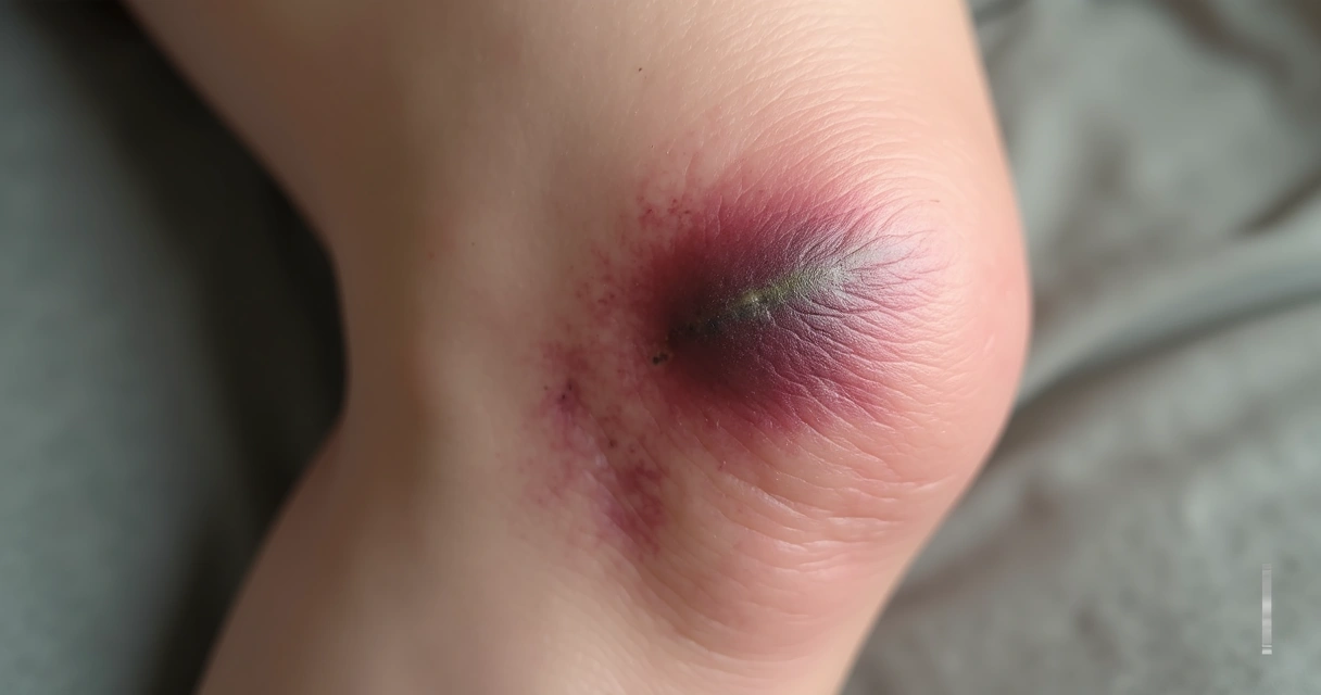 Perna com hematoma roxo visível próximo ao joelho 