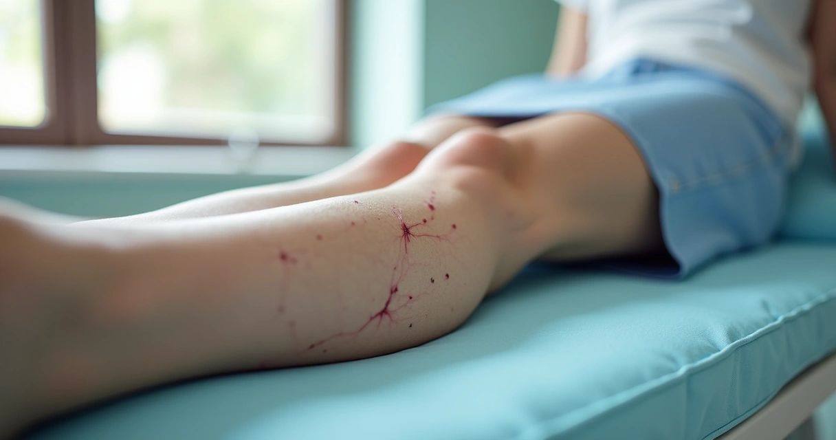 Perna com veias varicosas e vasinhos visíveis em ambiente clínico 