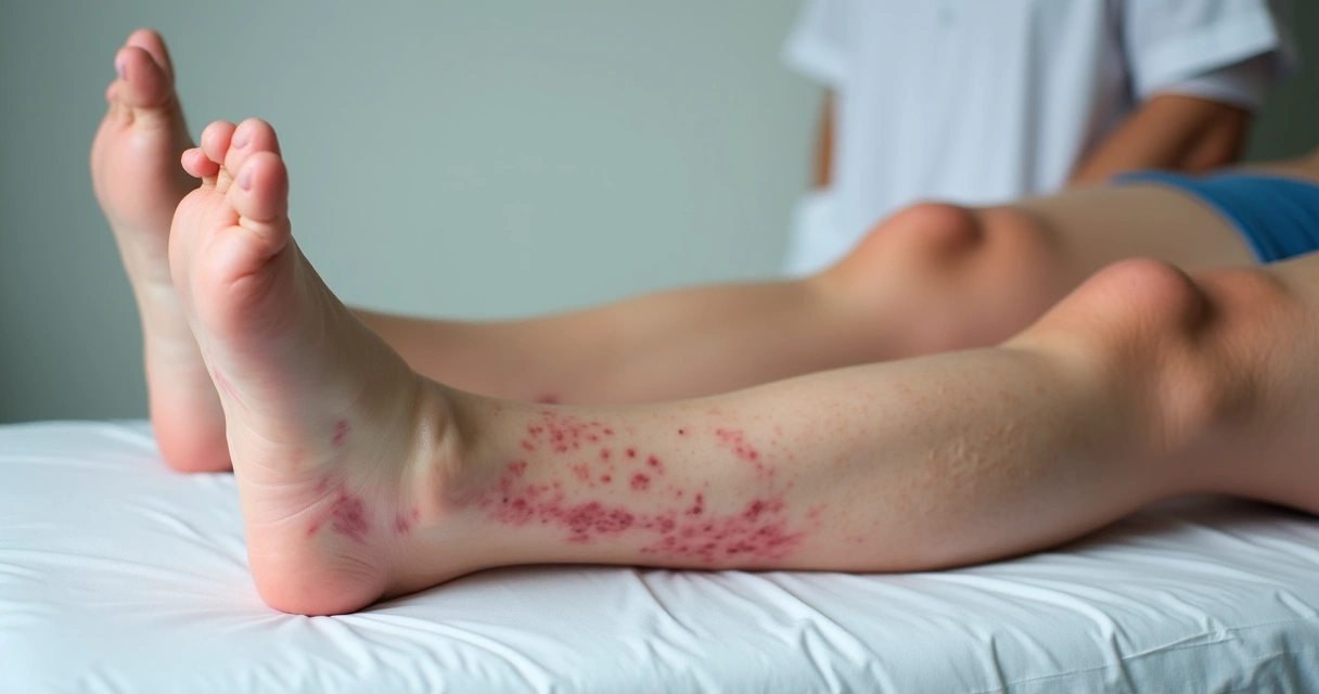 Perna inchada com alteração de cor e veias visíveis 