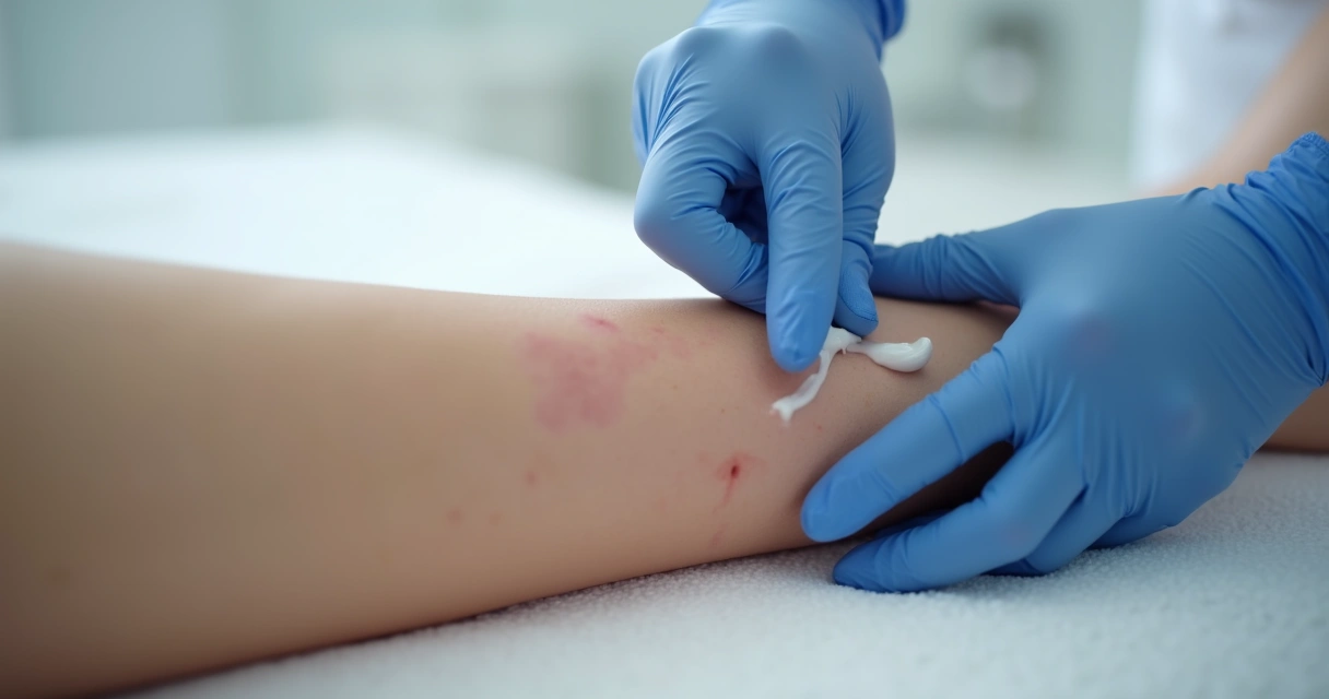 Médico aplicando creme hidratante em perna após tratamento vascular 