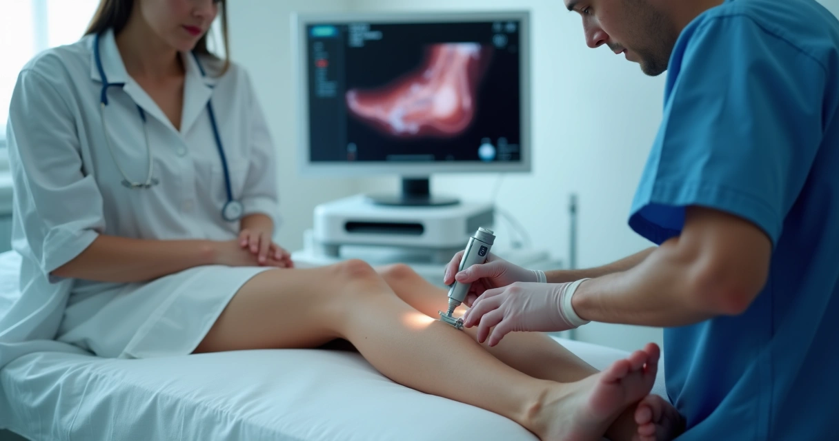 Aplicação de laser endovenoso em perna durante tratamento vascular 