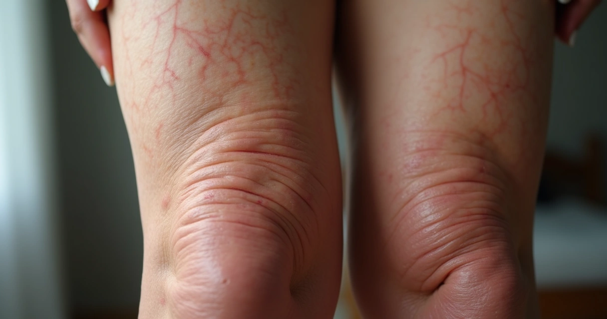 Veia varicosa na perna feminina, veias tortuosas e dilatadas visíveis 