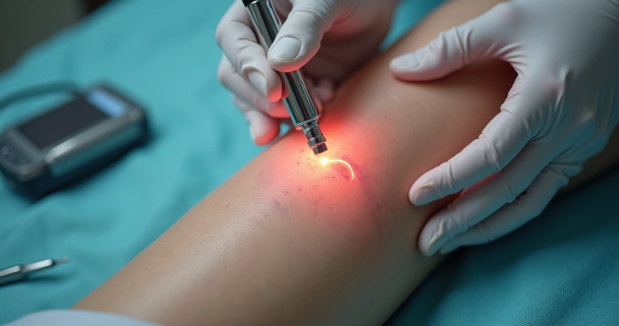 Perna com varizes em tratamento com laser e sem cortes 