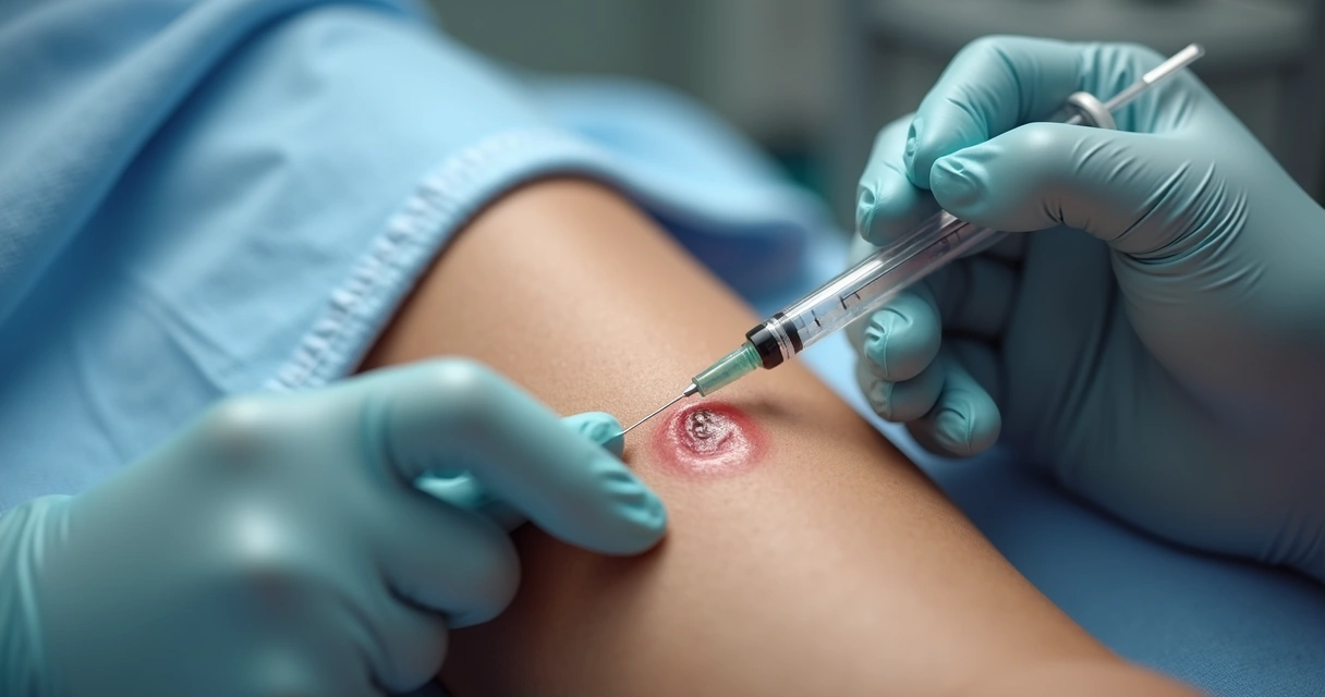 Perna com vasinhos e mão segurando seringa em consultório 