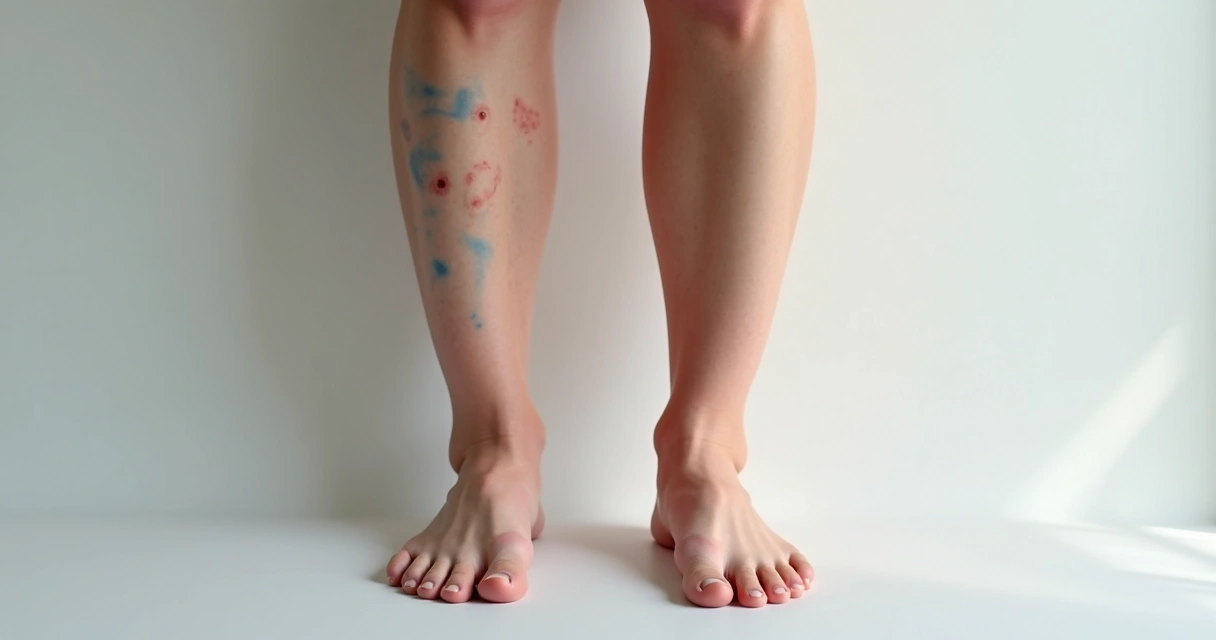 Pernas femininas com veias varicosas visíveis sob iluminação suave. 