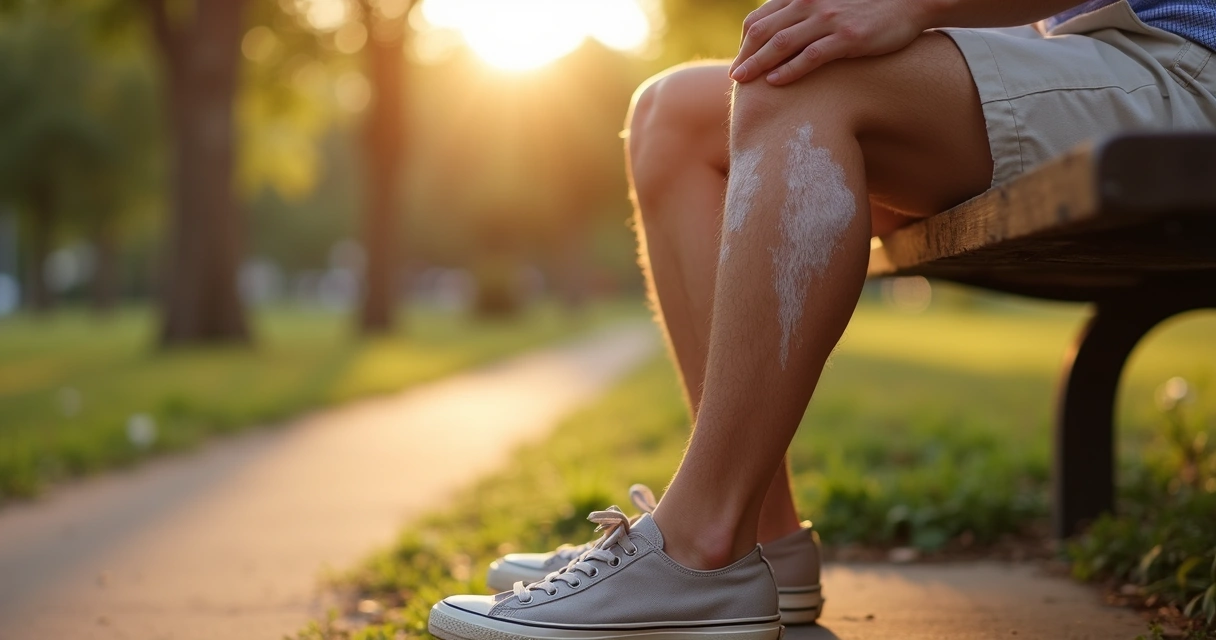 Pessoa com vitiligo na perna sentada ao sol em banco de praça 