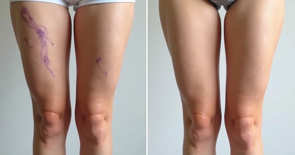 Perna feminina antes e depois do tratamento de vasinhos 