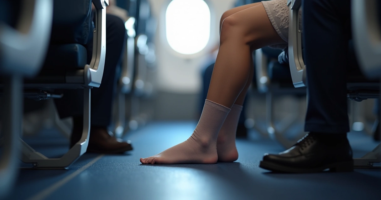 Pernas de passageiro com meias elásticas sentado em avião 
