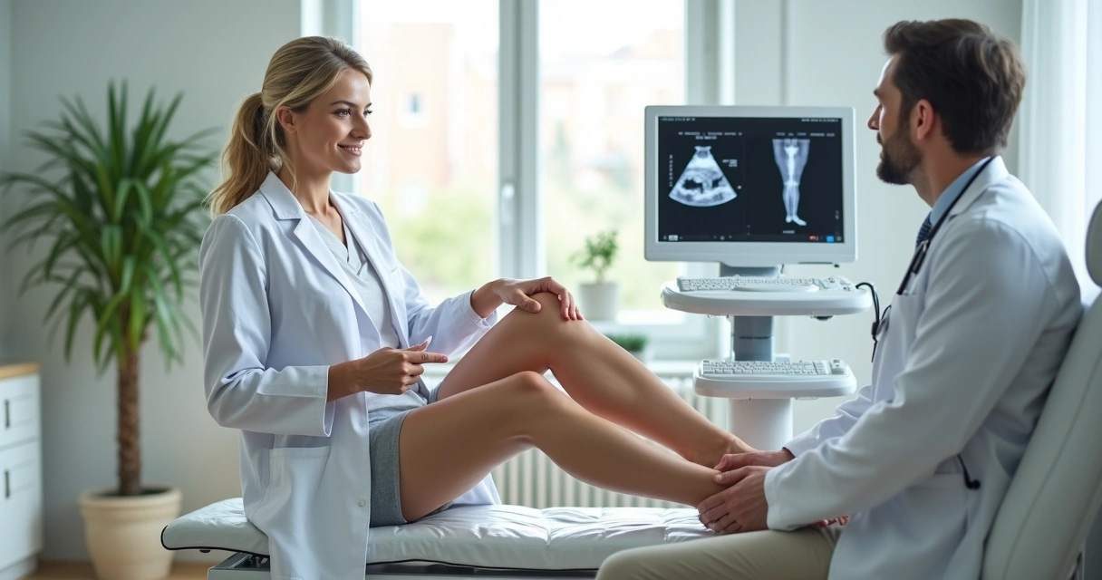 Mulher com pernas cansadas em consulta vascular com médico analisando veias nas pernas 