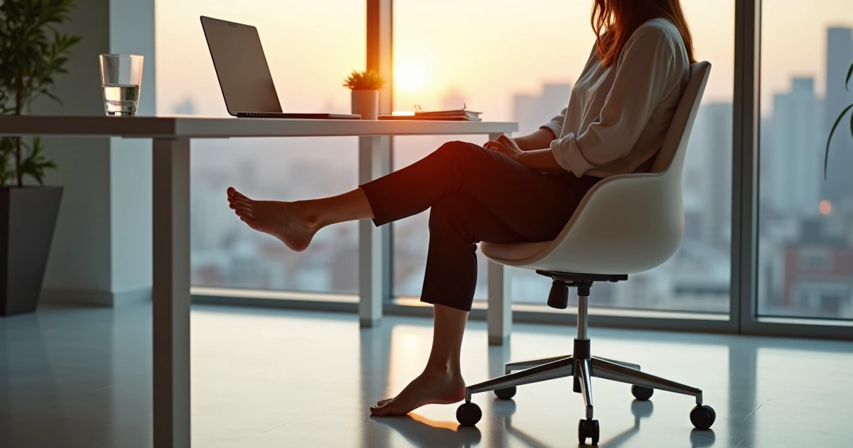 Mulher no escritório alongando discretamente as pernas cansadas debaixo da mesa 