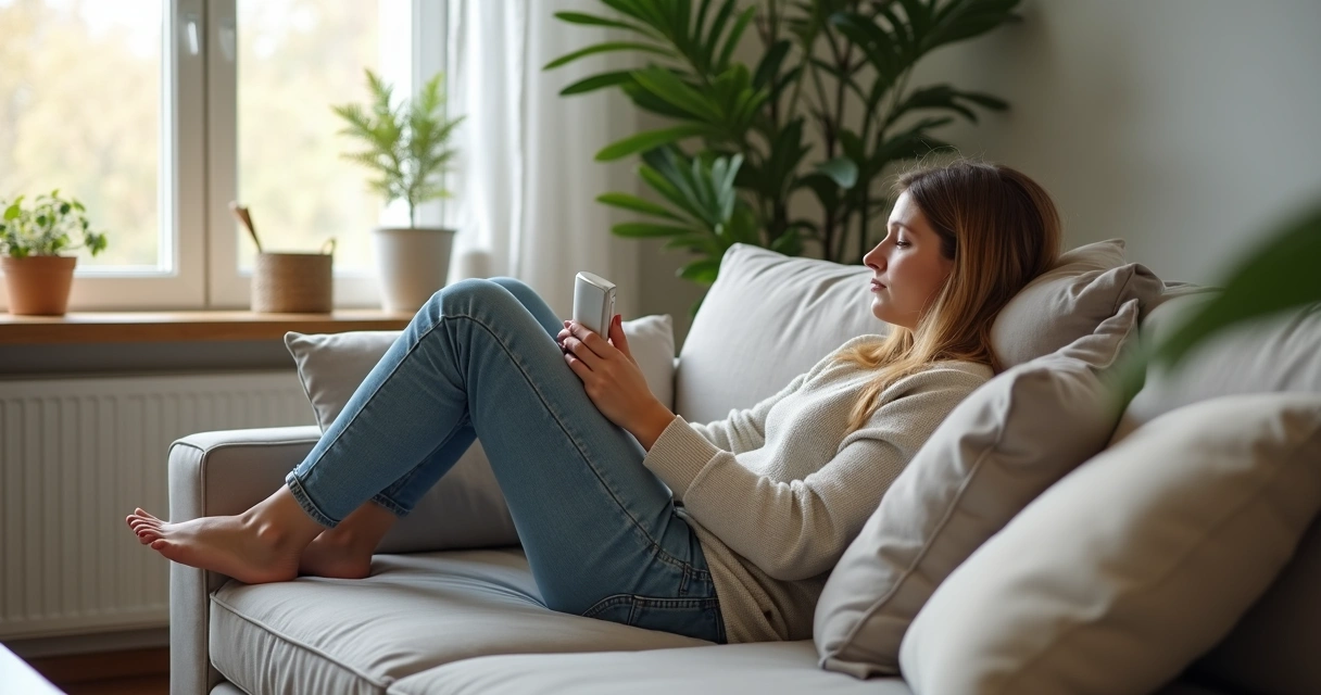 Pessoa sentada no sofá elevando as pernas 