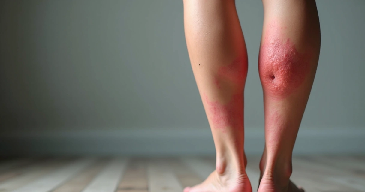 Pernas de uma pessoa com áreas avermelhadas e veias evidentes 