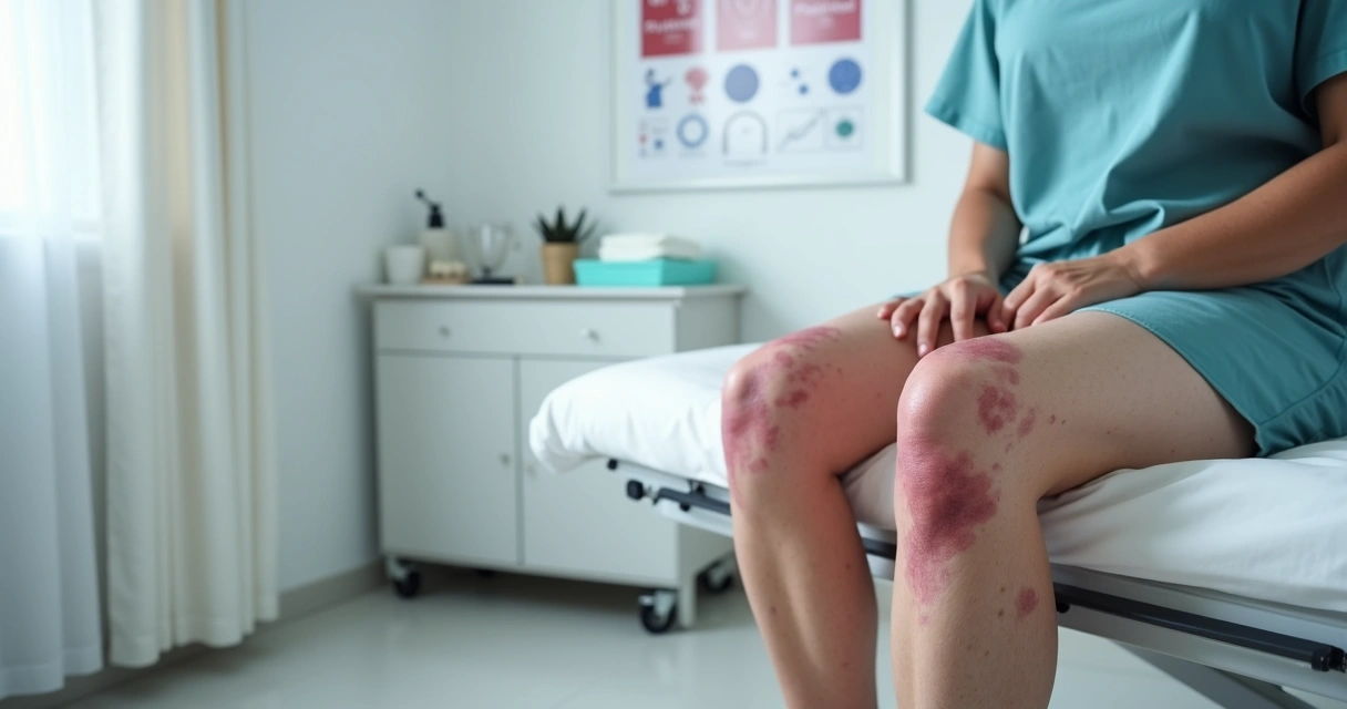 Pernas de paciente com púrpura mostrando petéquias e manchas roxas na pele 