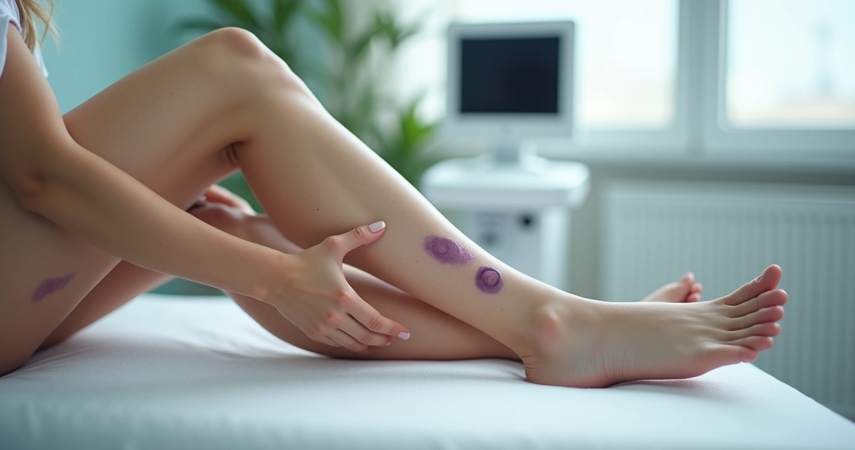 Pernas femininas com pequenos roxinhos na pele em ambiente clínico moderno 