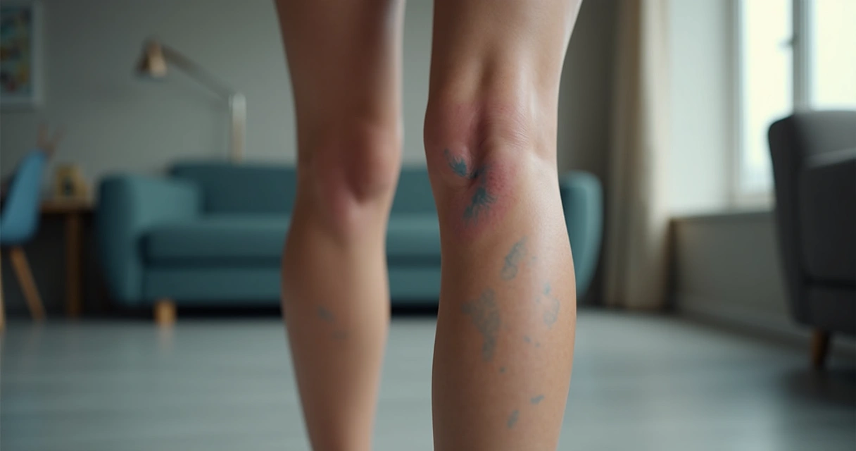 Mulher com pernas mostrando veias azuladas visíveis em ambiente interno bem iluminado 