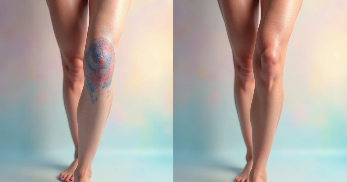 Pernas femininas mostrando varizes antes e depois do tratamento 