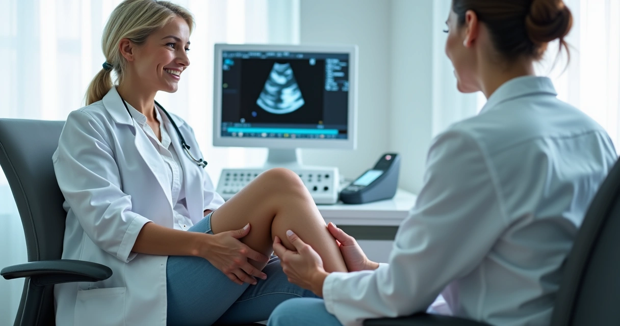 Pessoa em consultório vascular mostrando as pernas com varizes durante exame com ultrassom