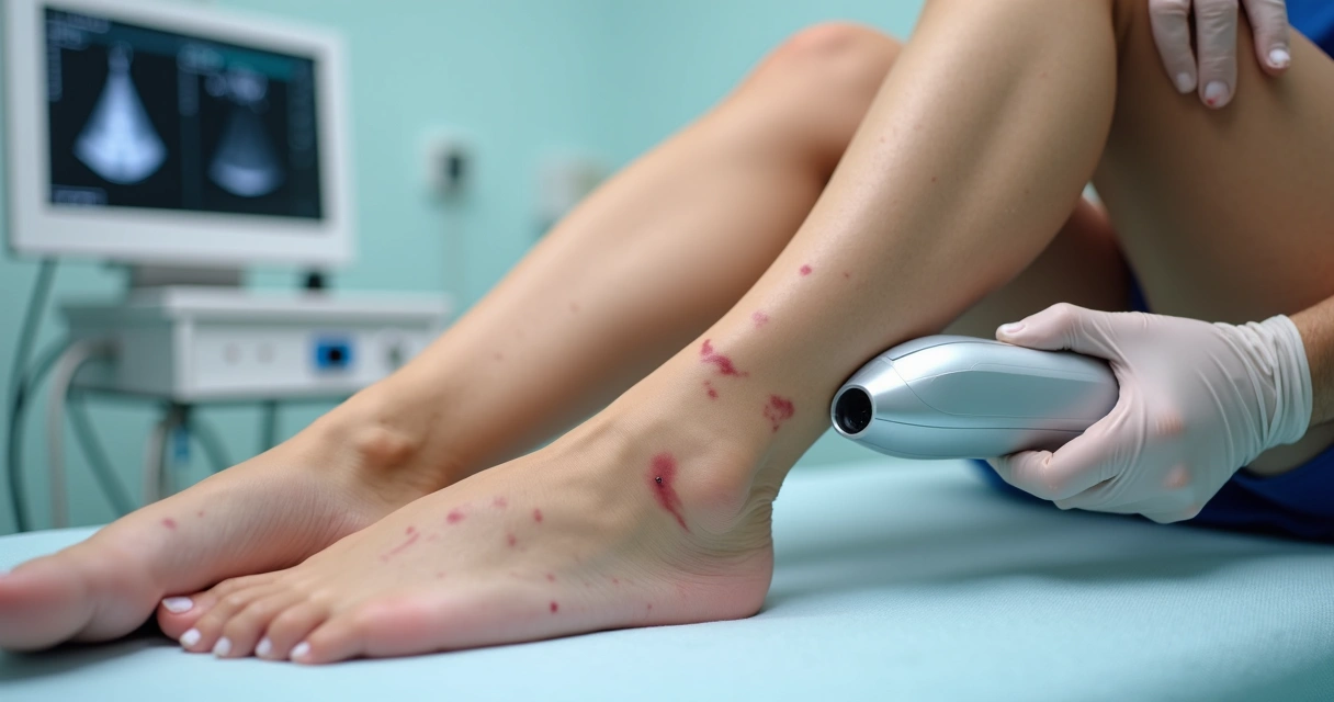 Pernas com vasinhos sendo examinadas por médico com ultrassom portátil