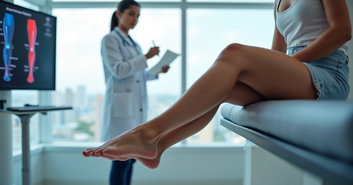 Mulher em consulta vascular mostrando pernas com varizes durante avaliação em Salvador 