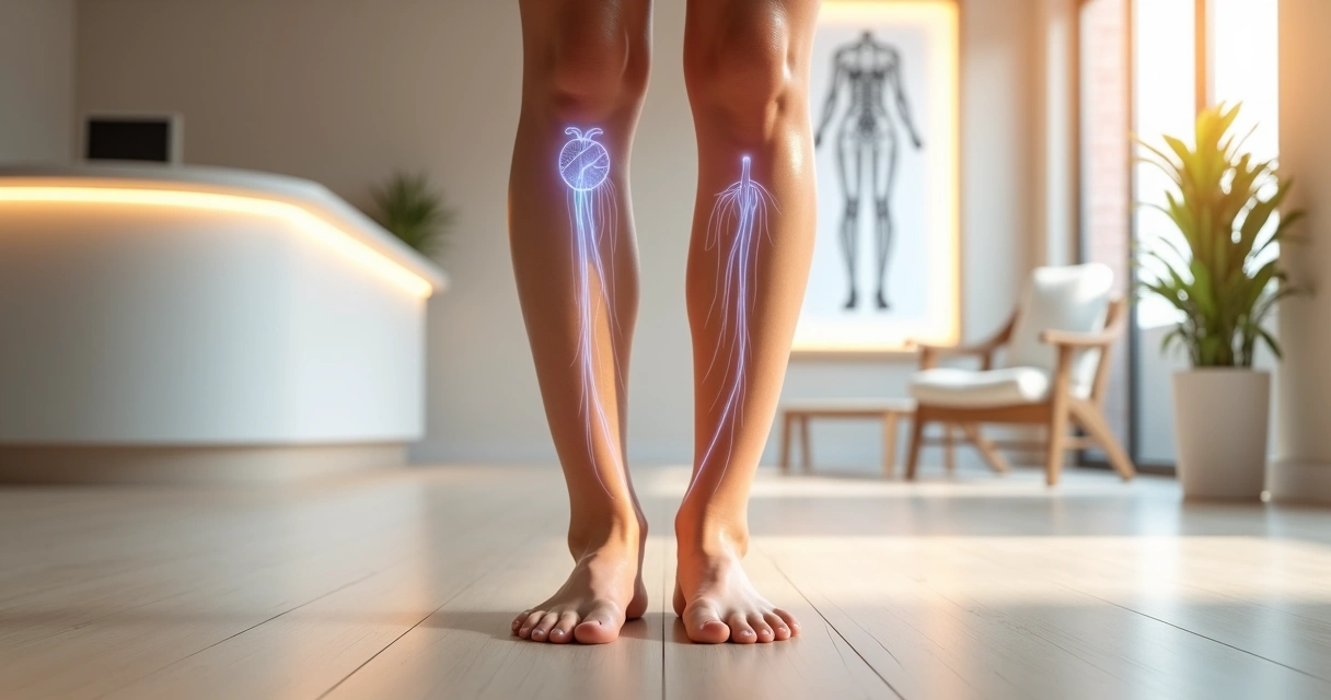 Duas pernas com desenho de veias ligadas a um coração em ambiente de clínica moderna 